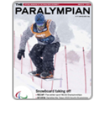 Cover photo of the magazine Paralympian showing snow-boarder on the slope.